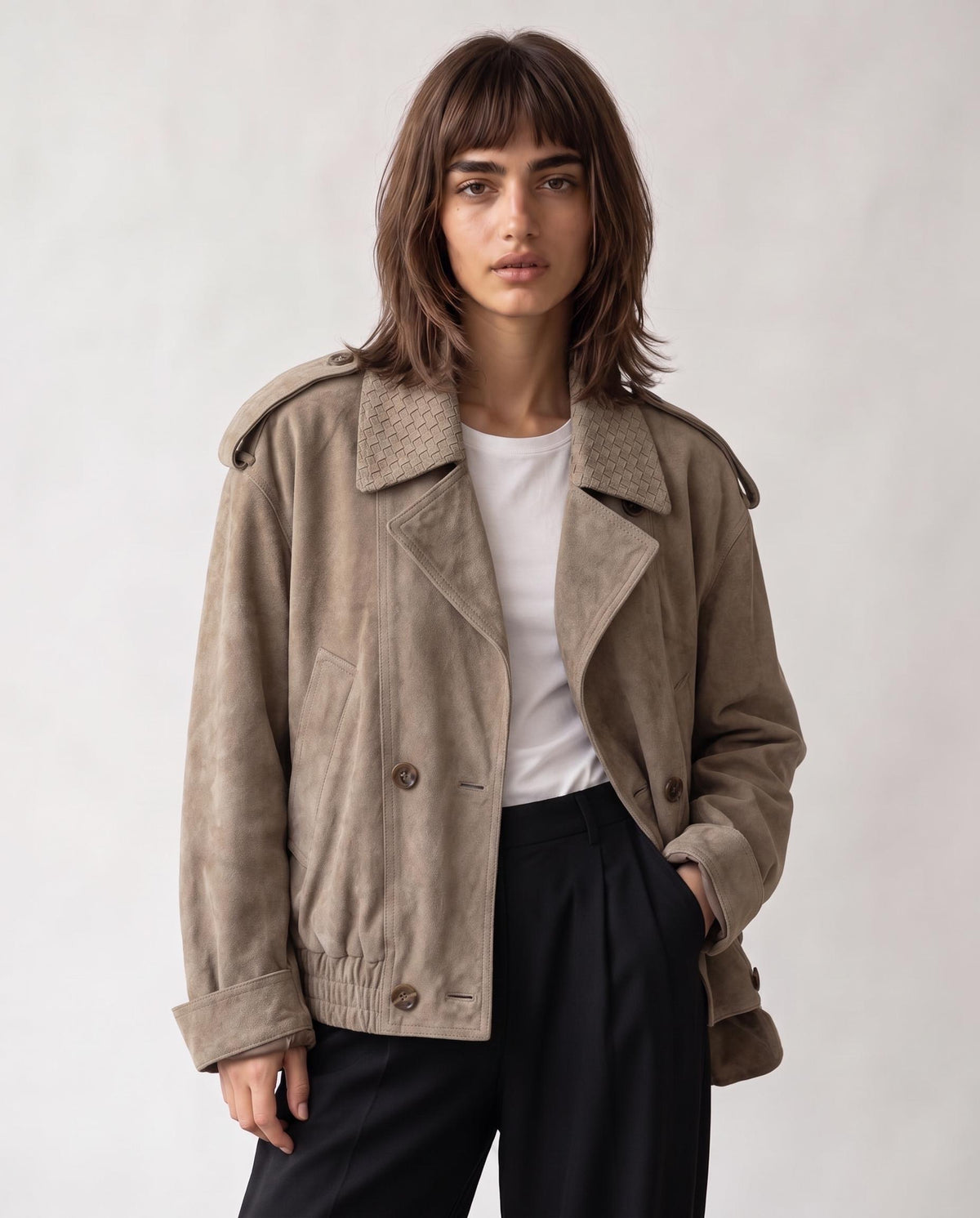 Taupe Suede Double-Breasted Jacket