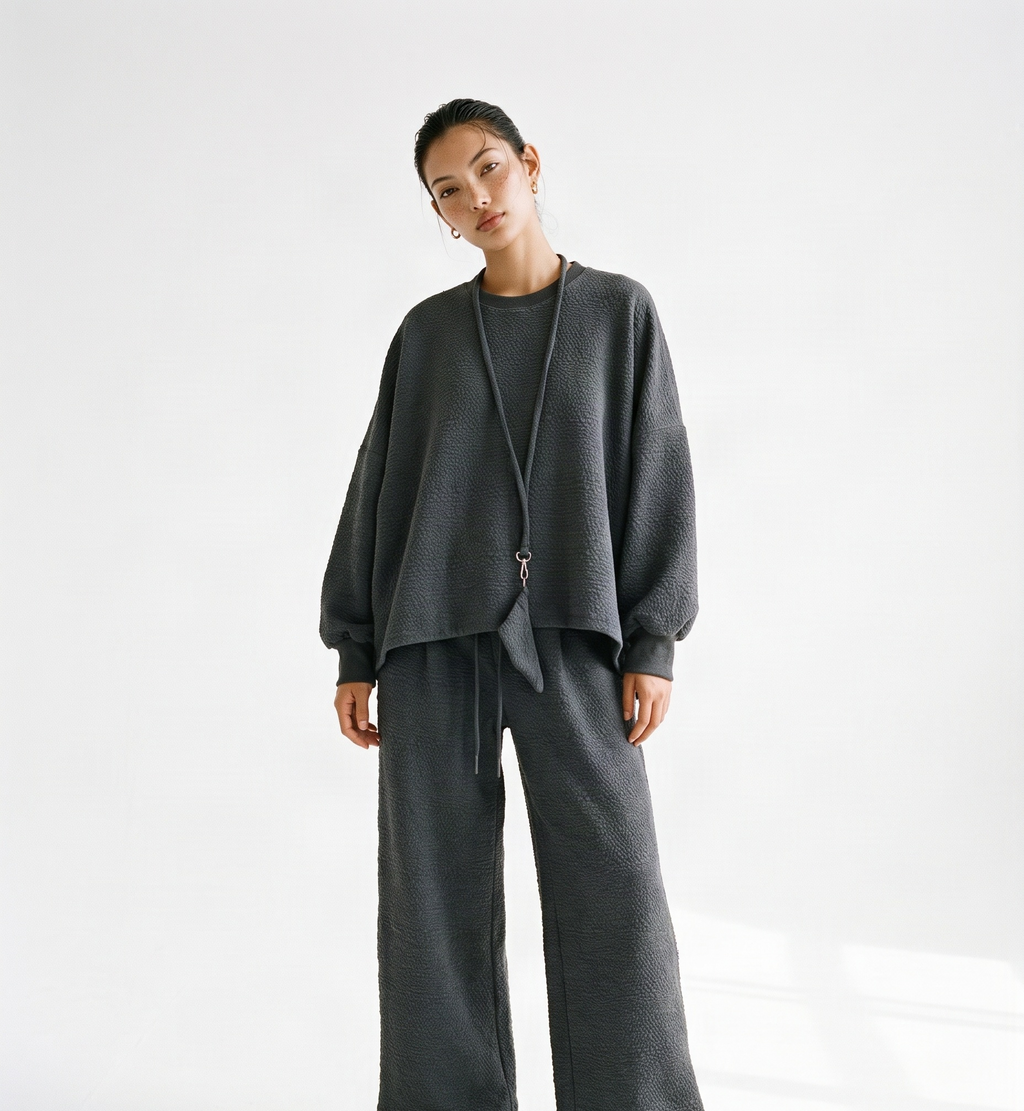 Grey Zip-Up Hoodie and Wide-Leg Pants Set