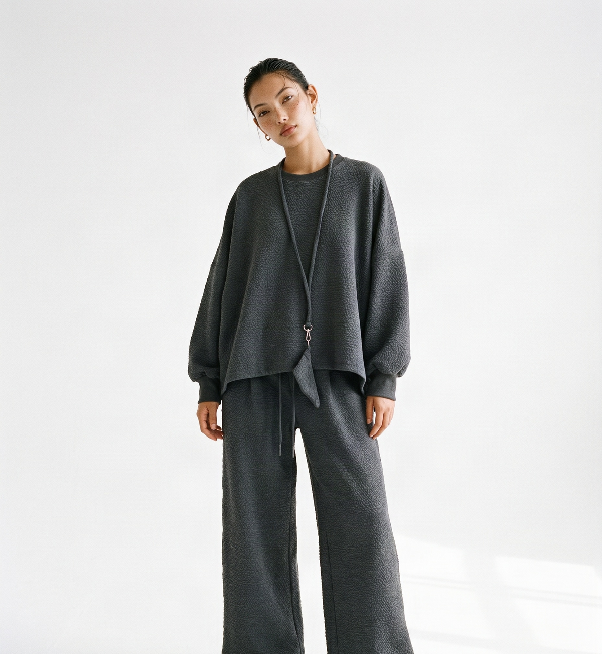 Grey Zip-Up Hoodie and Wide-Leg Pants Set